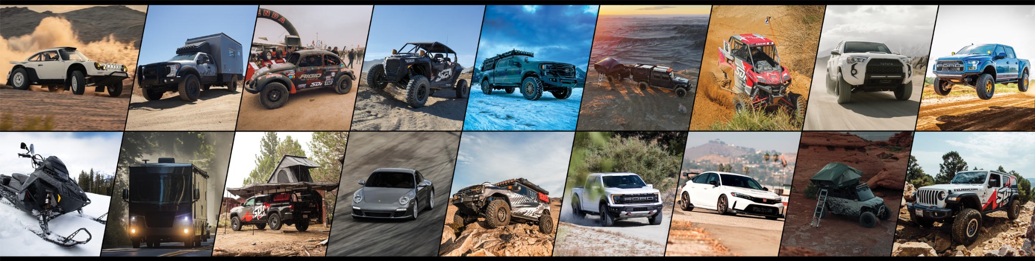 E-CLIK vehicle applications including UTVs, Jeeps, trucks, motorhomes, performance cars, and snowmobiles