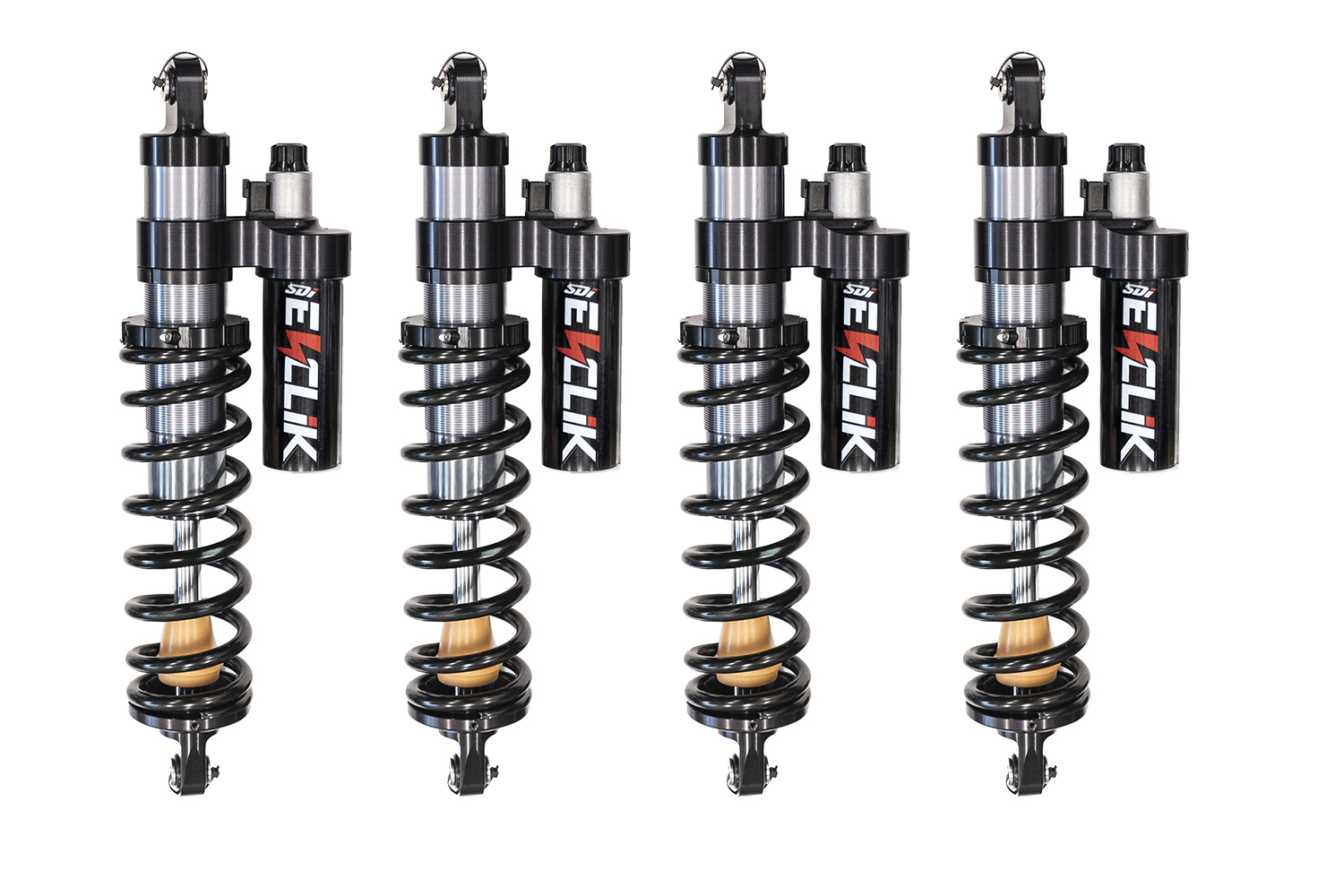 Four E-CLIK piggyback coilover shocks